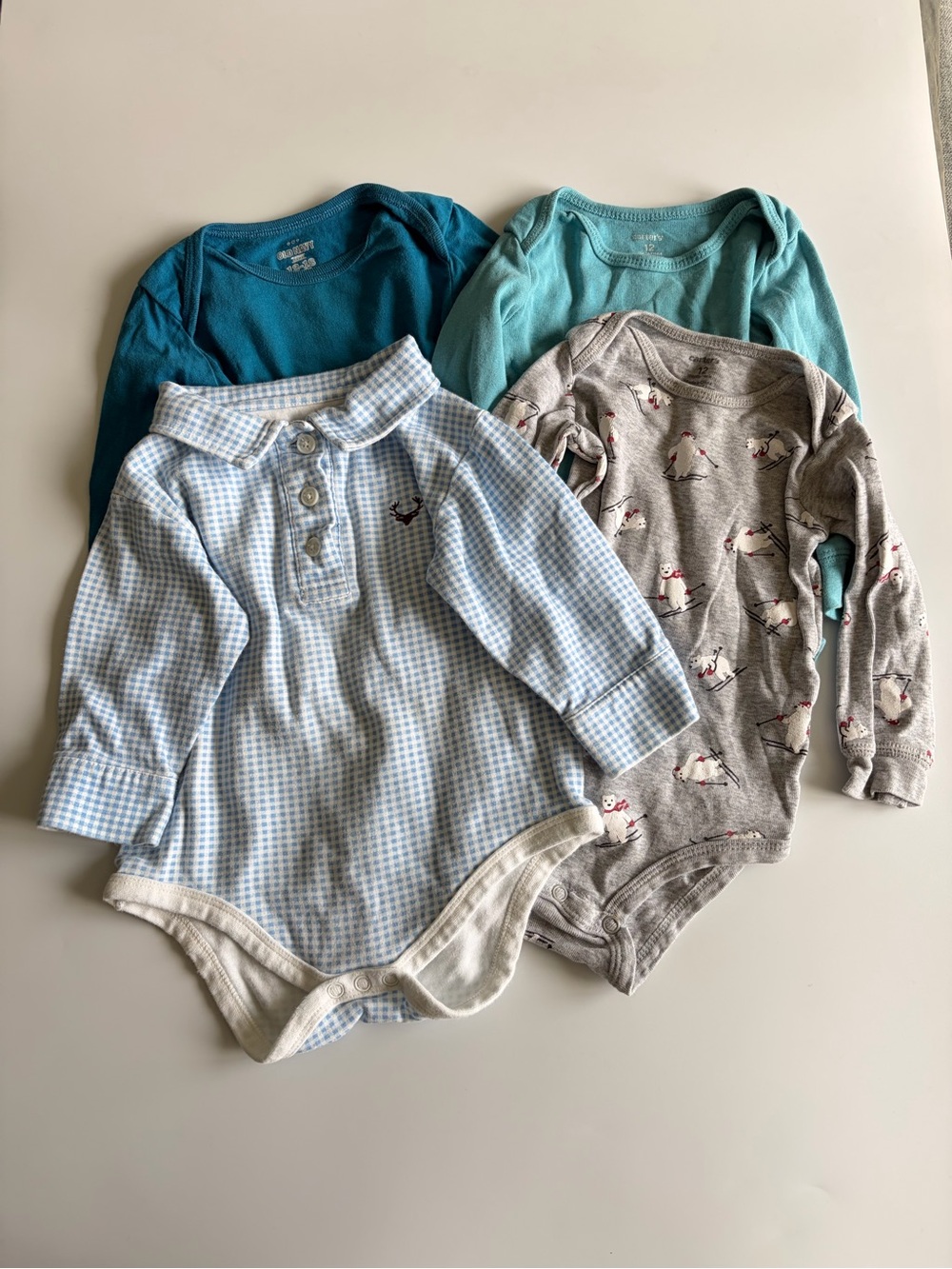 Bundle of Baby Boy Onesies Size 12-18 Months Long Sleeve Blue Gingham Gray Teal